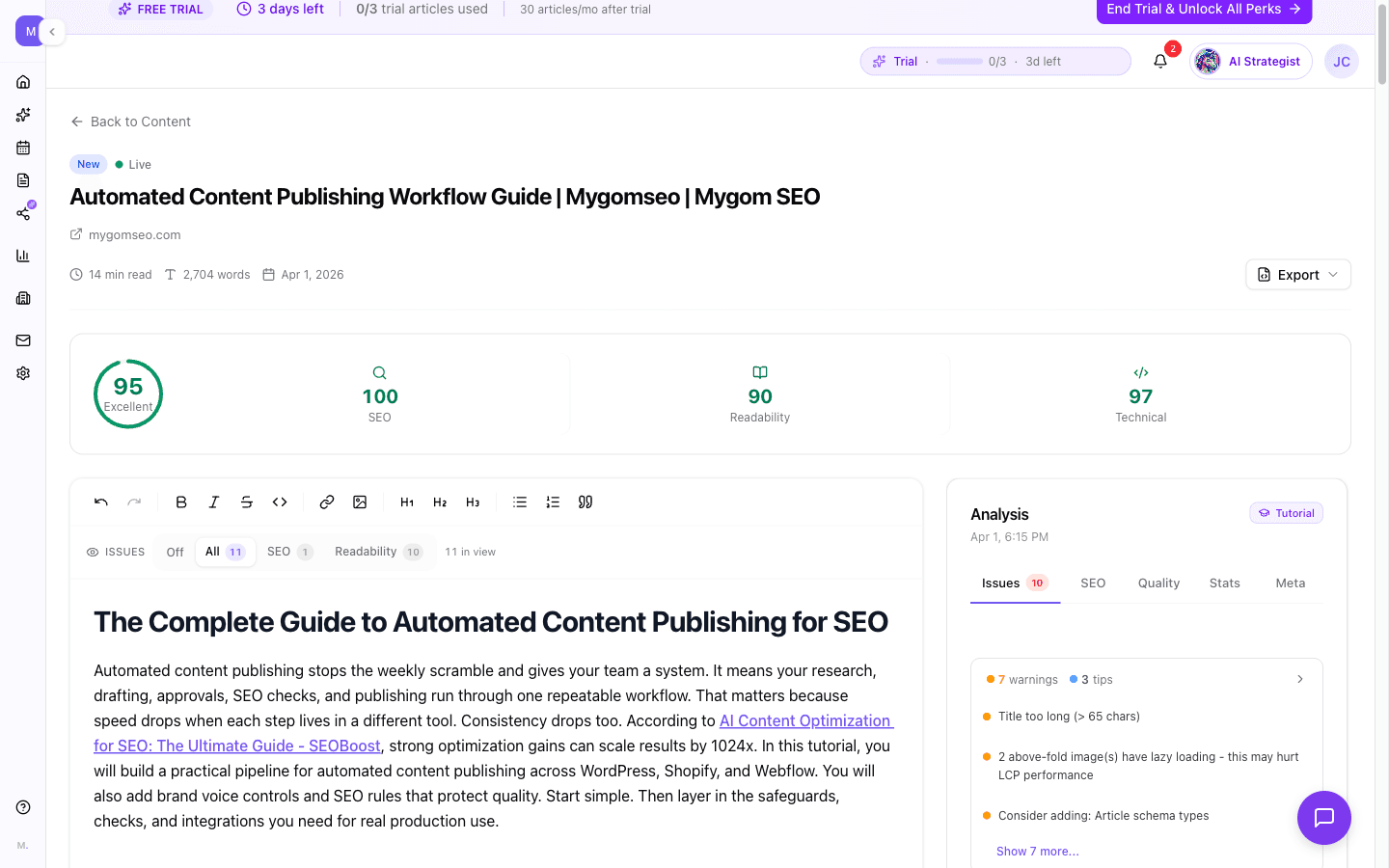 Mygom SEO AI content writer showing the full generation pipeline with research data, article editor, quality score ring, and publish button