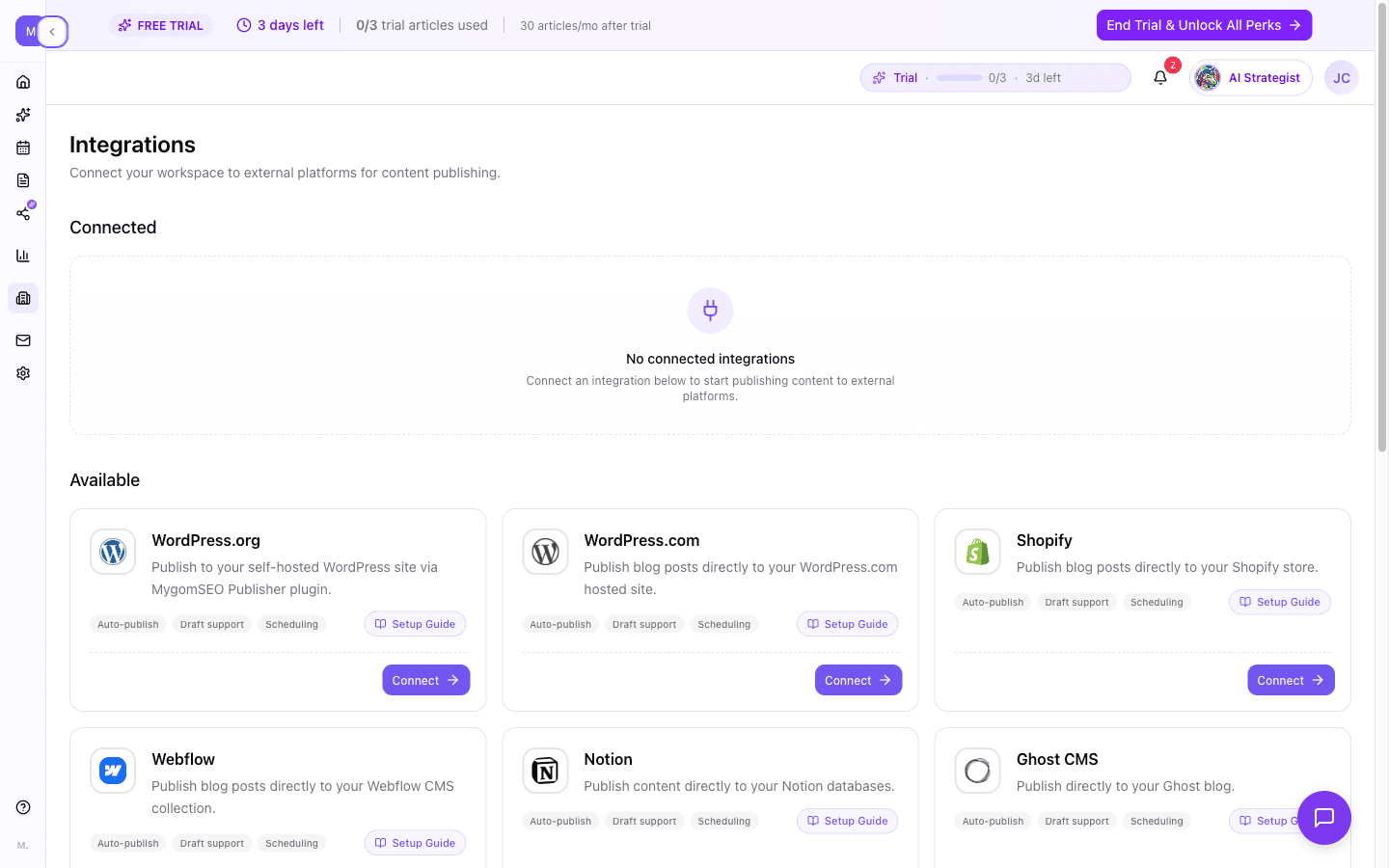 Publishing interface showing connected CMS platforms with publish schedule, field mapping, and auto-publish toggle