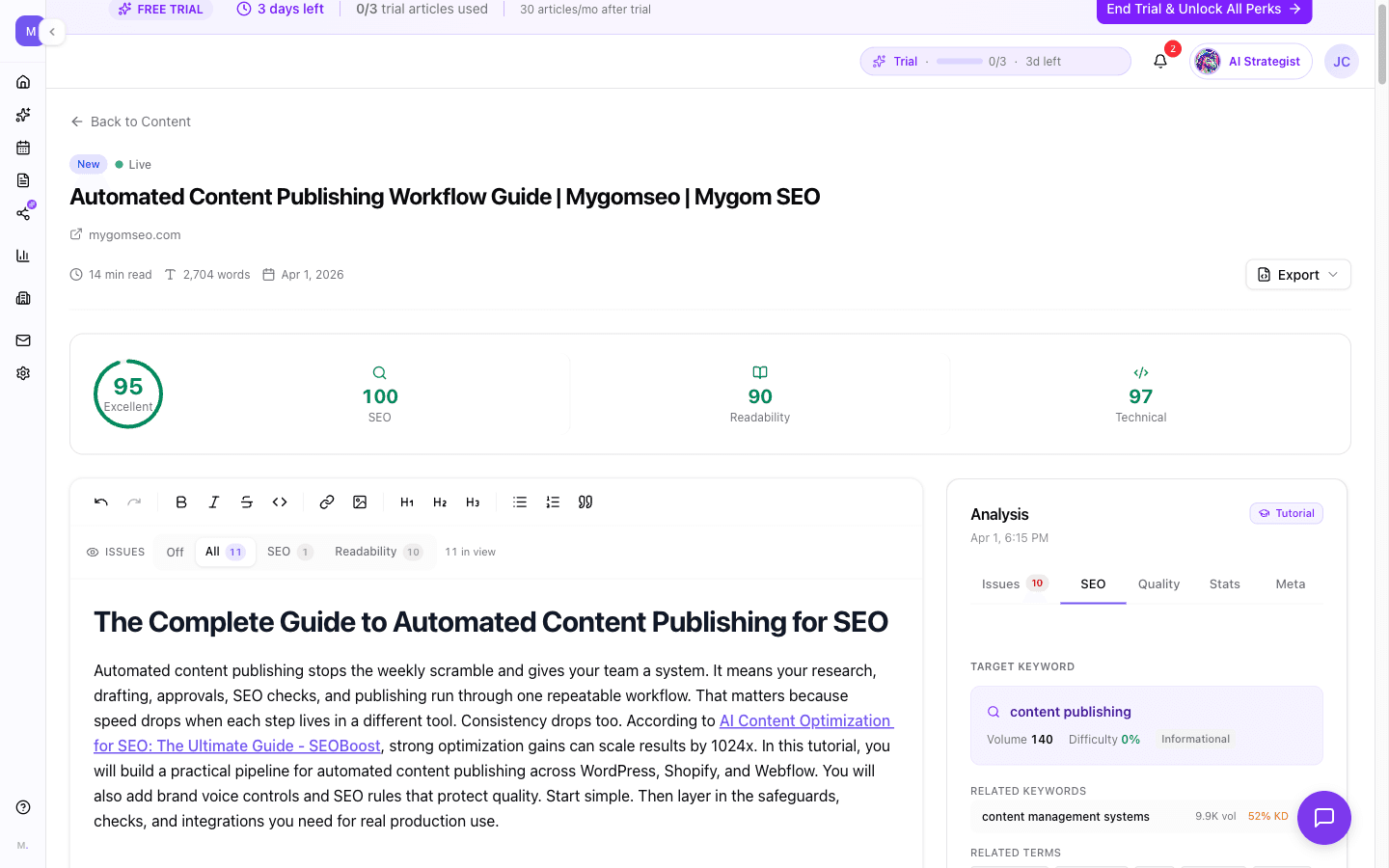 Research phase showing keyword metrics, competitor analysis, People Also Ask questions, and LSI keyword coverage