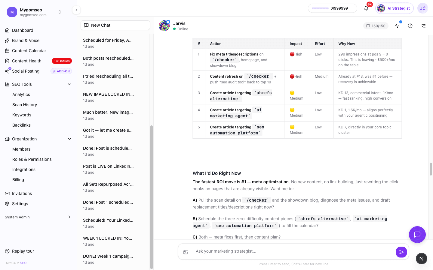 Mygom SEO AI marketing agent chat interface showing the agent analyzing keyword data, running tool calls inline, and proposing a content strategy