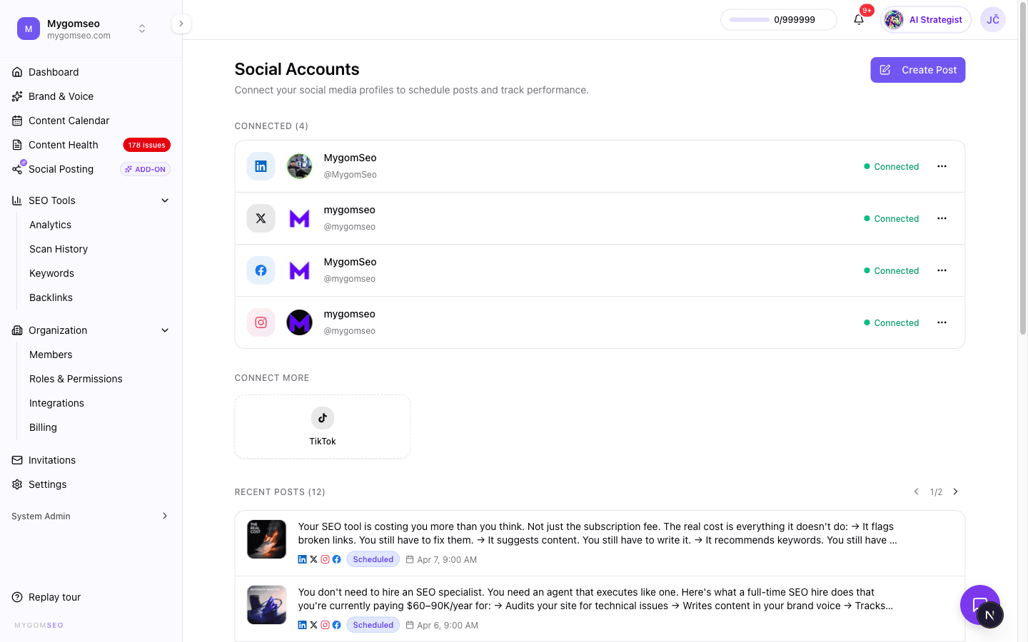 Dashboard showing social accounts page with connected LinkedIn, Instagram, Facebook, and Twitter accounts alongside navigation to keywords, content, and audit tools