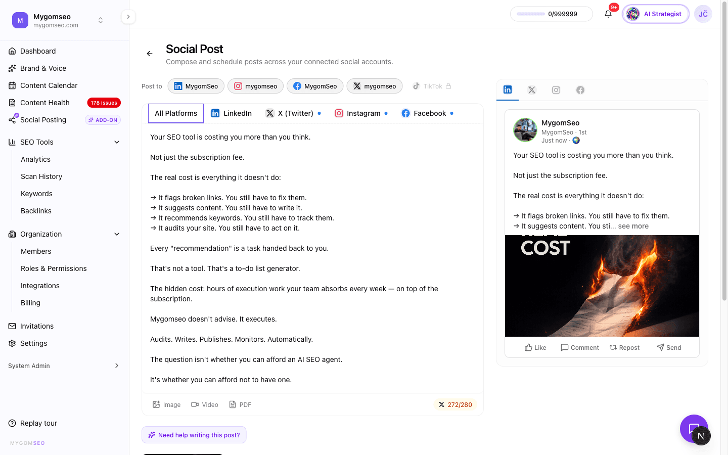Mygom SEO social media composer showing post editor with per-platform content overrides, media grid, and platform previews for LinkedIn, Instagram, and Twitter