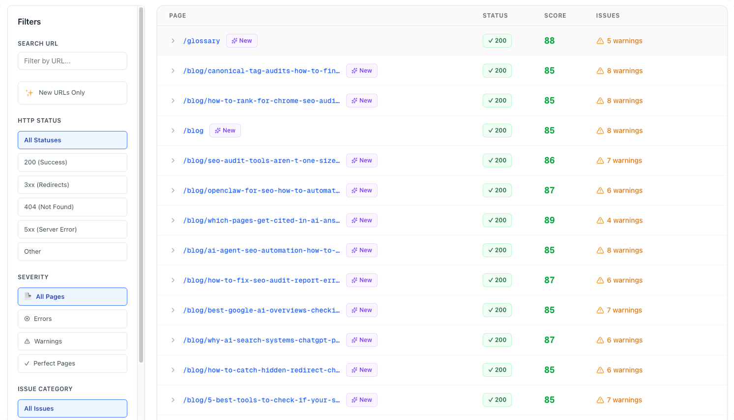 Scan results table showing multiple pages with SEO scores, errors, and warnings per URL