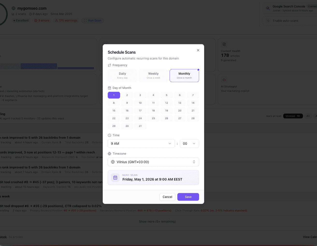 Scan history showing score trends and regression detection across multiple audit runs